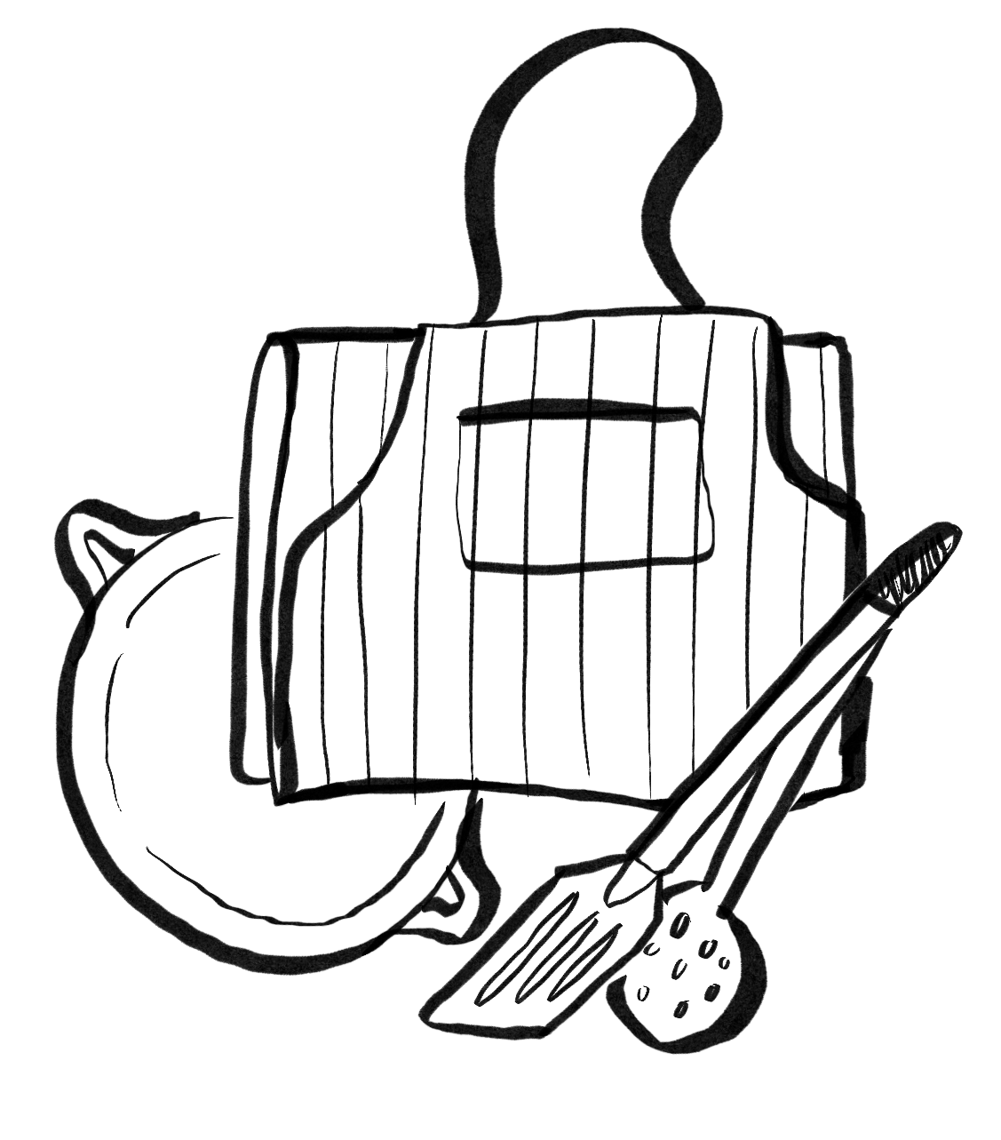 Simple line drawing of a professional chefâ€™s apron, representing Fostersâ€™ catering staff and kitchen expertise.